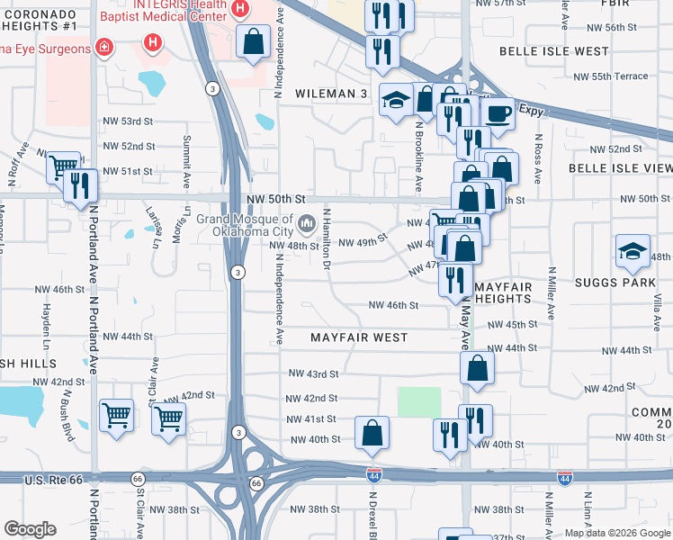 map of restaurants, bars, coffee shops, grocery stores, and more near 3140 Northwest 48th Street in Oklahoma City
