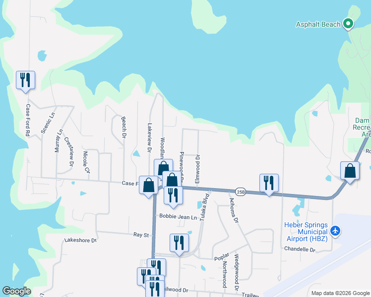 map of restaurants, bars, coffee shops, grocery stores, and more near 2415 Pinewood Drive in Heber Springs