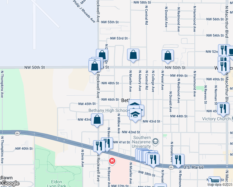 map of restaurants, bars, coffee shops, grocery stores, and more near 4807 North Willow Avenue in Bethany