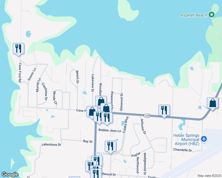 map of restaurants, bars, coffee shops, grocery stores, and more near 2415 Pinewood Drive in Heber Springs