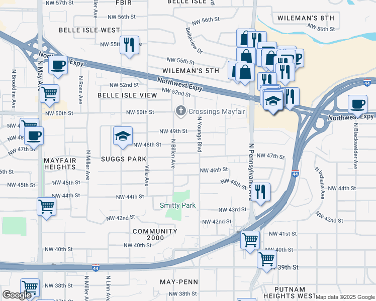 map of restaurants, bars, coffee shops, grocery stores, and more near 2313 Northwest 47th Street in Oklahoma City