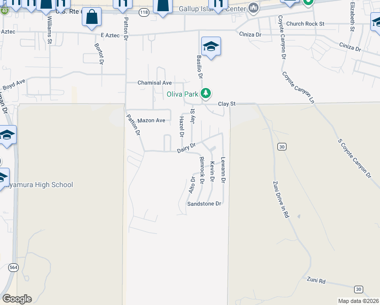 map of restaurants, bars, coffee shops, grocery stores, and more near 2984 Dairy Drive in Gallup