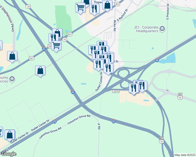 map of restaurants, bars, coffee shops, grocery stores, and more near 1815 Industrial Park Dr in Selma