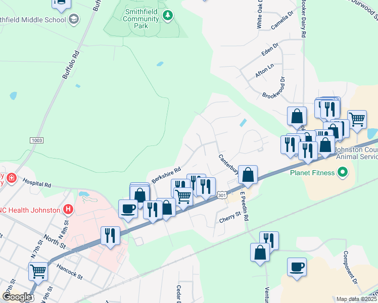 map of restaurants, bars, coffee shops, grocery stores, and more near 116 Cambridge Place in Smithfield