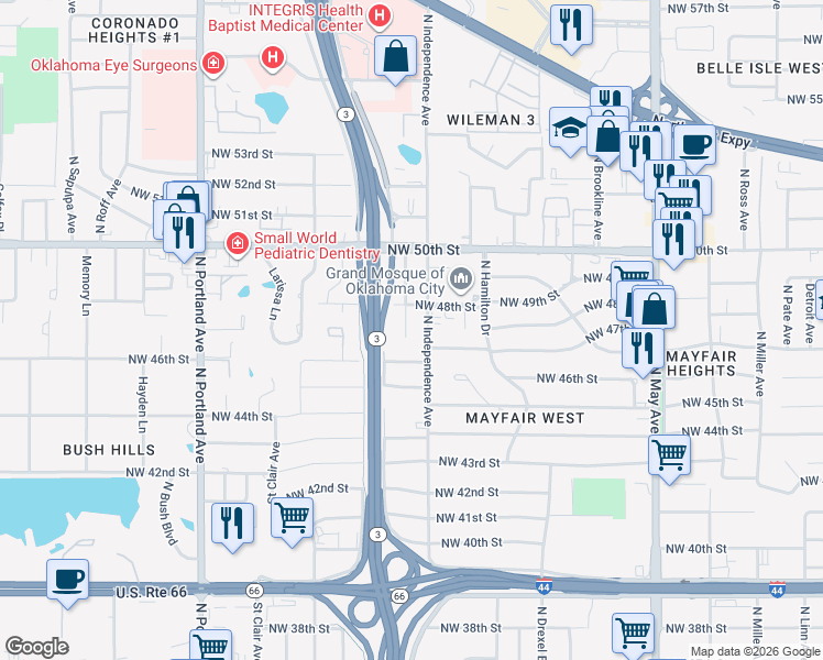 map of restaurants, bars, coffee shops, grocery stores, and more near 4720 North Woodward Avenue in Oklahoma City