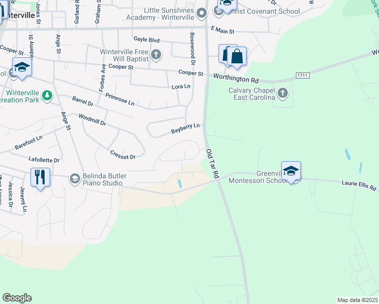 map of restaurants, bars, coffee shops, grocery stores, and more near 2705 Tunsberg Court in Winterville