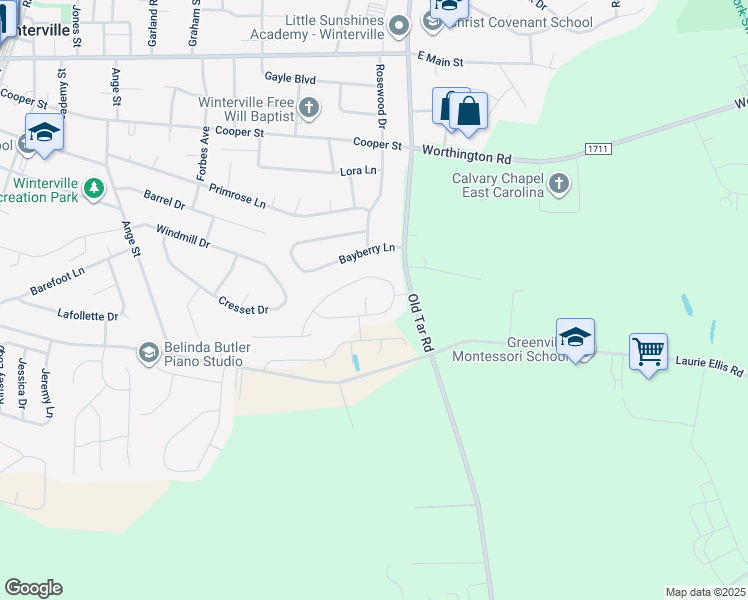 map of restaurants, bars, coffee shops, grocery stores, and more near 2705 Tunsberg Court in Winterville