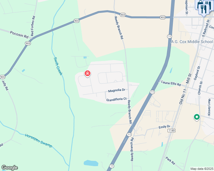map of restaurants, bars, coffee shops, grocery stores, and more near 271 Crimson Drive in Winterville