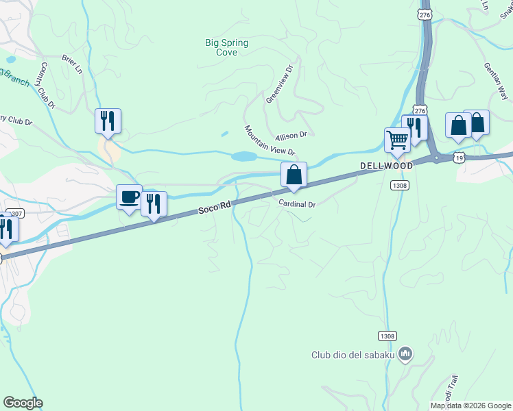 map of restaurants, bars, coffee shops, grocery stores, and more near 51 Ferguson Lane in Maggie Valley