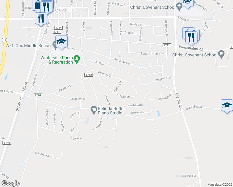 map of restaurants, bars, coffee shops, grocery stores, and more near 2920 Cresset Drive in Winterville