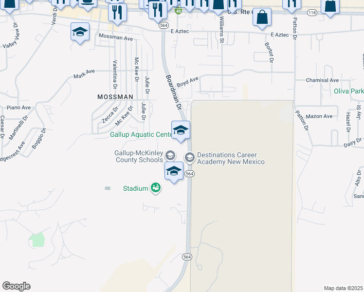 map of restaurants, bars, coffee shops, grocery stores, and more near 600 Boardman Drive in Gallup