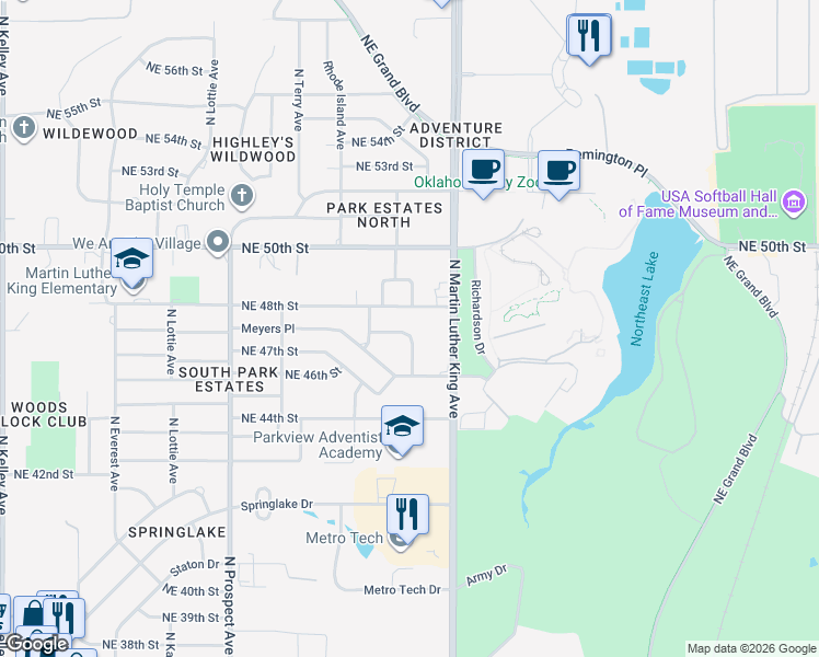 map of restaurants, bars, coffee shops, grocery stores, and more near 1810 Northeast 48th Street in Oklahoma City