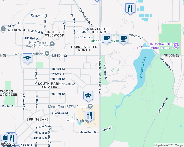 map of restaurants, bars, coffee shops, grocery stores, and more near 4805 North Martin Luther King Avenue in Oklahoma City