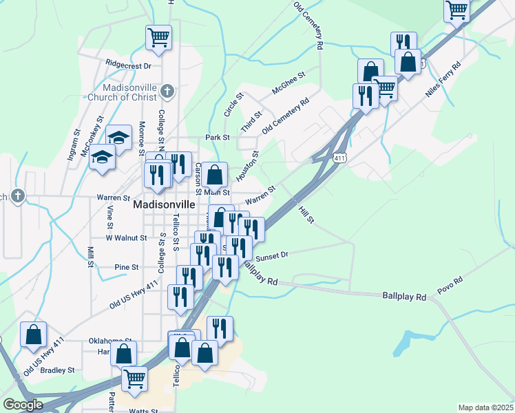 map of restaurants, bars, coffee shops, grocery stores, and more near 535 Warren Street in Madisonville