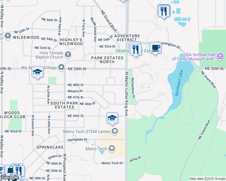 map of restaurants, bars, coffee shops, grocery stores, and more near 1825 Corrine Drive in Oklahoma City