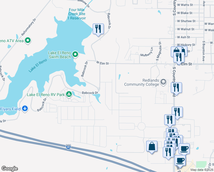 map of restaurants, bars, coffee shops, grocery stores, and more near Babcock Drive in El Reno