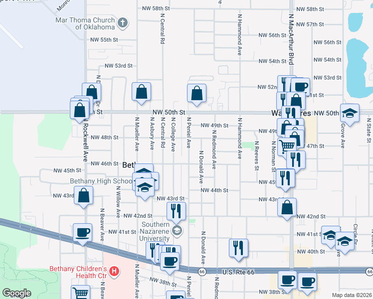 map of restaurants, bars, coffee shops, grocery stores, and more near 4806 North Peniel Avenue in Bethany
