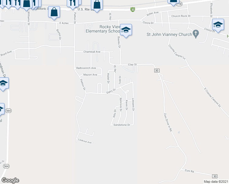 map of restaurants, bars, coffee shops, grocery stores, and more near 2972 Dairy Drive in Gallup