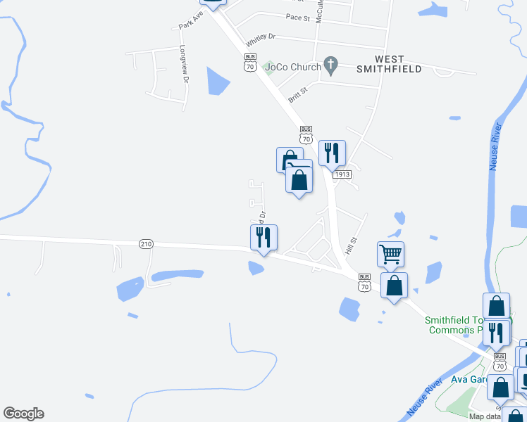 map of restaurants, bars, coffee shops, grocery stores, and more near 201 Skyland Drive in Smithfield