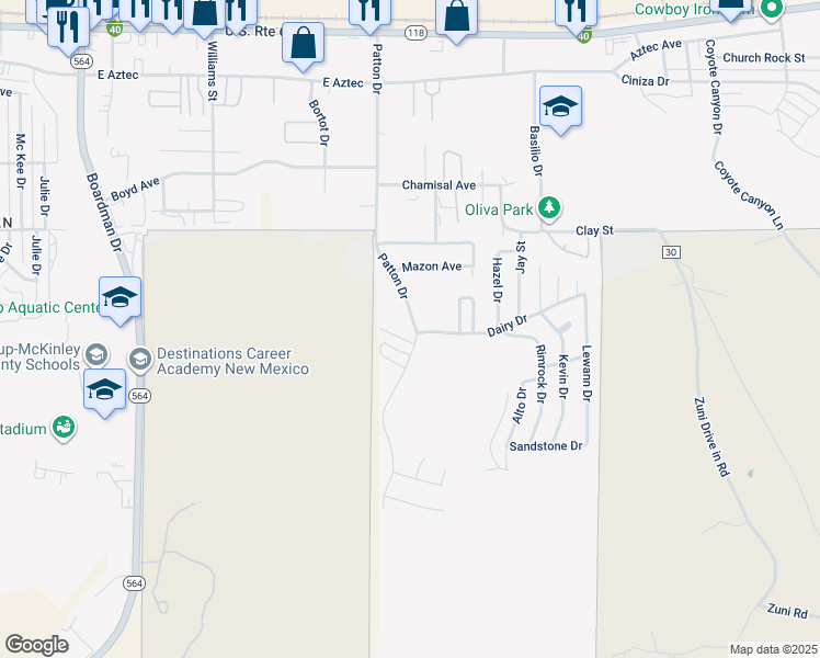 map of restaurants, bars, coffee shops, grocery stores, and more near 629-709 Patton Dr in Gallup