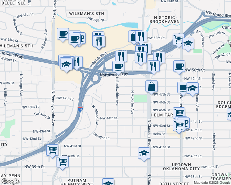 map of restaurants, bars, coffee shops, grocery stores, and more near 4805 North Blackwelder Avenue in Oklahoma City