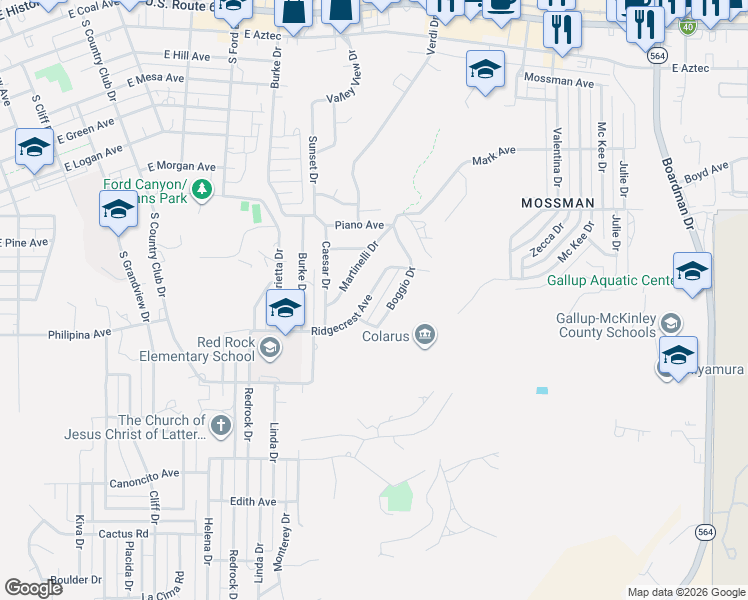map of restaurants, bars, coffee shops, grocery stores, and more near 1112-1198 Ridgecrest Avenue in Gallup