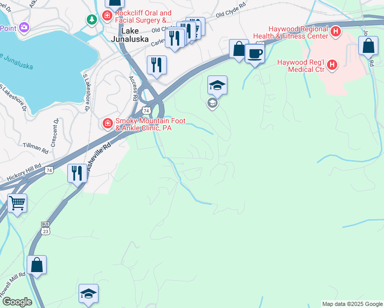 map of restaurants, bars, coffee shops, grocery stores, and more near Commons Way in Waynesville