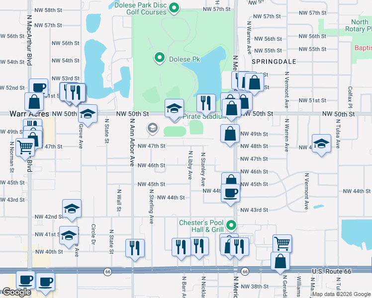 map of restaurants, bars, coffee shops, grocery stores, and more near 5112 Northwest 47th Street in Warr Acres