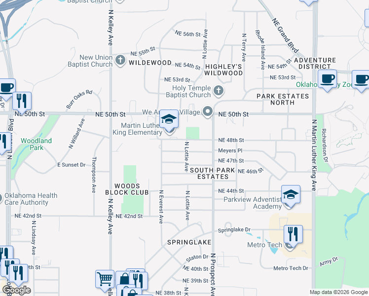map of restaurants, bars, coffee shops, grocery stores, and more near 1237 Northeast 47th Street in Oklahoma City