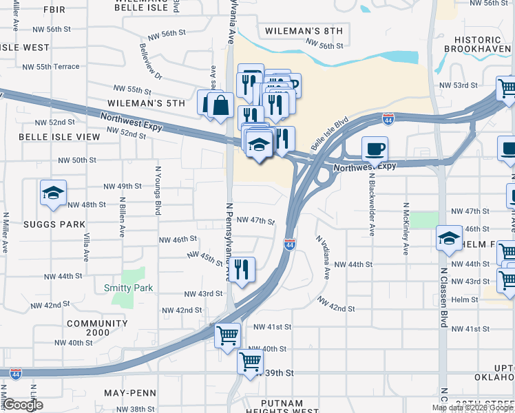 map of restaurants, bars, coffee shops, grocery stores, and more near 2036 Northwest 48th Street in Oklahoma City
