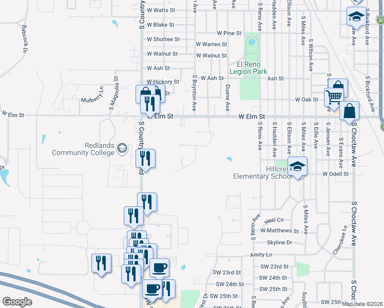 map of restaurants, bars, coffee shops, grocery stores, and more near 1507 Abbey Road in El Reno