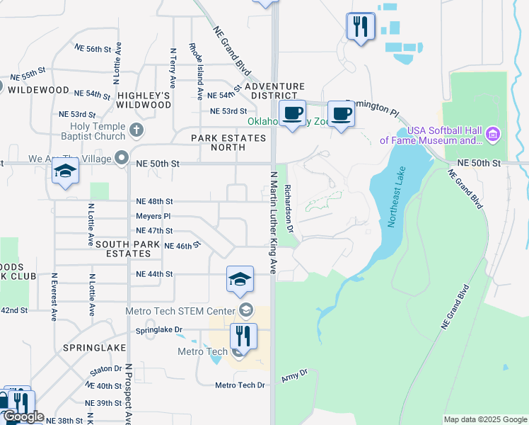 map of restaurants, bars, coffee shops, grocery stores, and more near 4805 North Martin Luther King Avenue in Oklahoma City