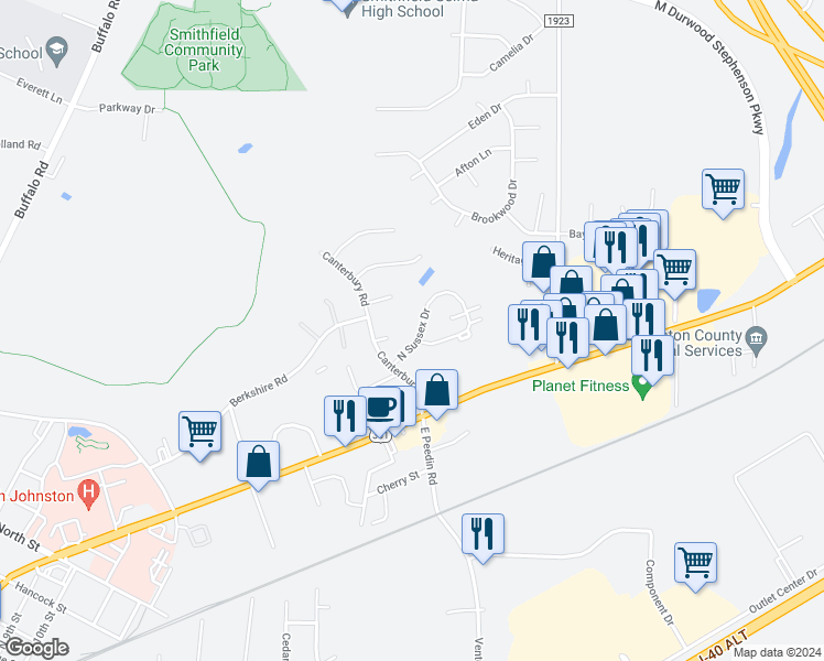 map of restaurants, bars, coffee shops, grocery stores, and more near 11 North Sussex Drive in Smithfield