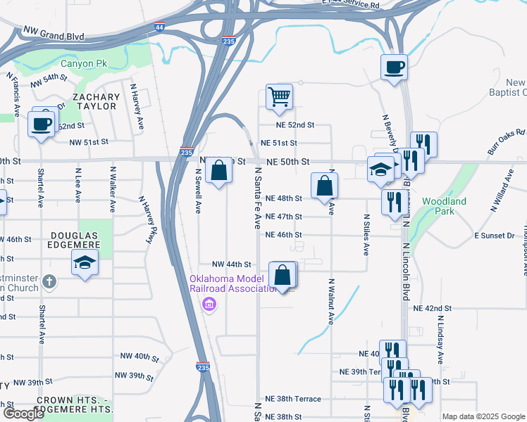 map of restaurants, bars, coffee shops, grocery stores, and more near 4800 North Santa Fe Avenue in Oklahoma City