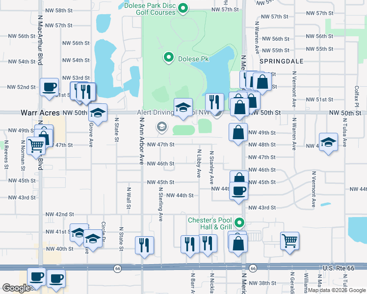 map of restaurants, bars, coffee shops, grocery stores, and more near 5212 Northwest 47th Street in Warr Acres