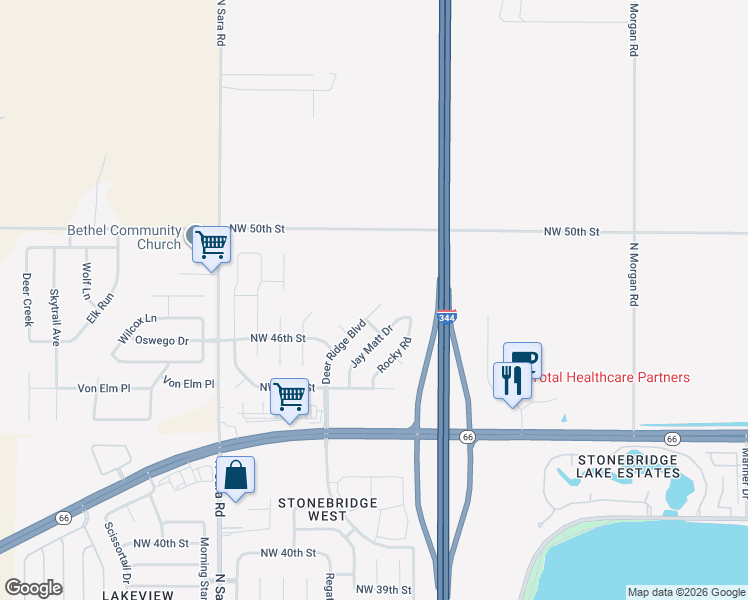 map of restaurants, bars, coffee shops, grocery stores, and more near 4817 Deer Ridge Boulevard in Yukon