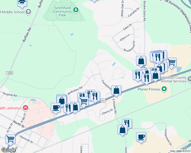 map of restaurants, bars, coffee shops, grocery stores, and more near 950 Berkshire Road in Smithfield