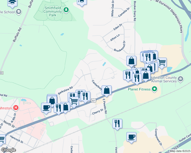 map of restaurants, bars, coffee shops, grocery stores, and more near 303 Canterbury Road in Smithfield