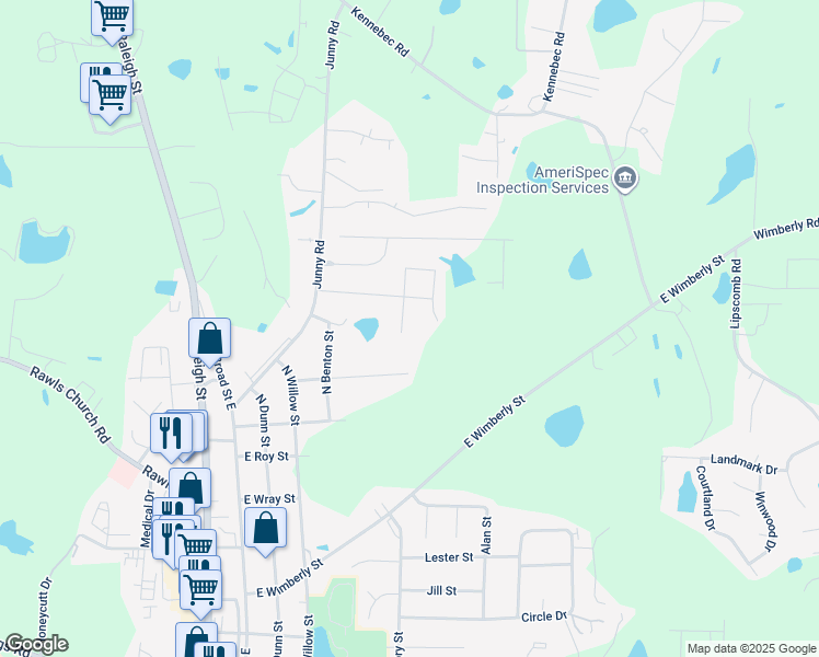 map of restaurants, bars, coffee shops, grocery stores, and more near 59 Dexter Ridge in Angier