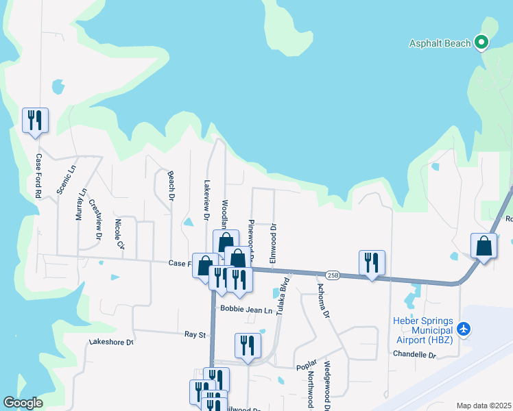 map of restaurants, bars, coffee shops, grocery stores, and more near 2415 Pinewood Drive in Heber Springs