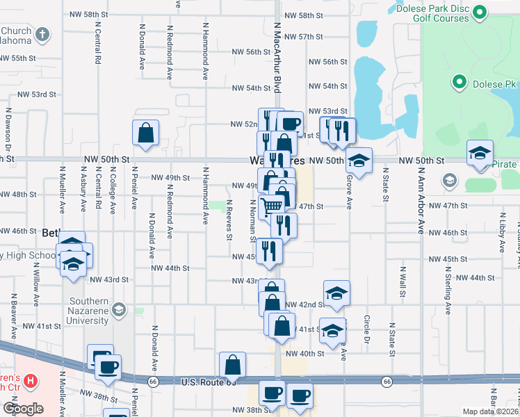 map of restaurants, bars, coffee shops, grocery stores, and more near 4704 North Norman Street in Warr Acres