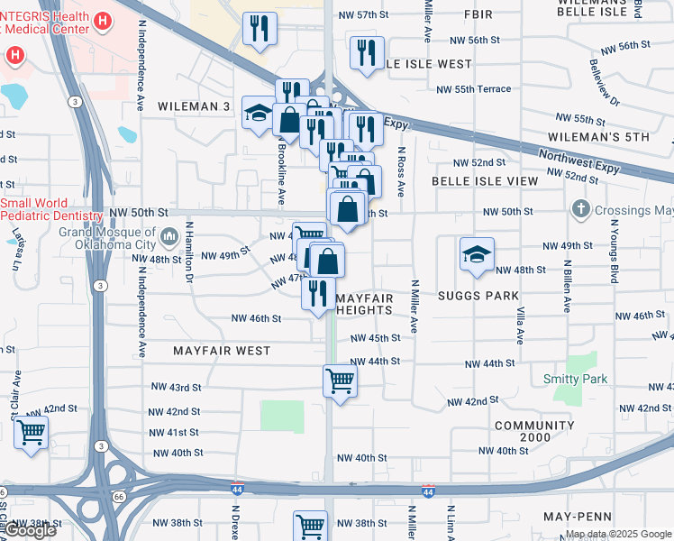 map of restaurants, bars, coffee shops, grocery stores, and more near 4813 N May Ave in Oklahoma City