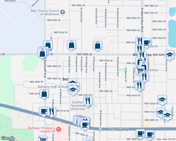 map of restaurants, bars, coffee shops, grocery stores, and more near 4802 North College Avenue in Bethany