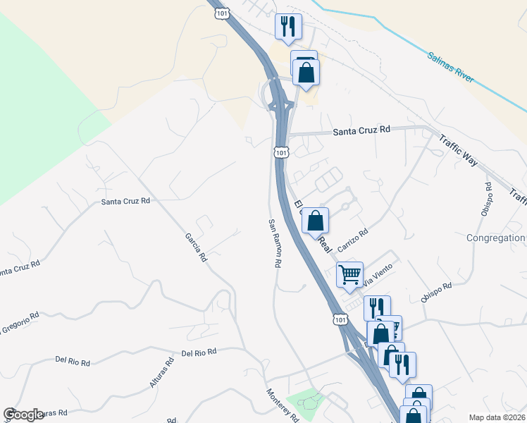 map of restaurants, bars, coffee shops, grocery stores, and more near 1250 San Ramon Road in Atascadero