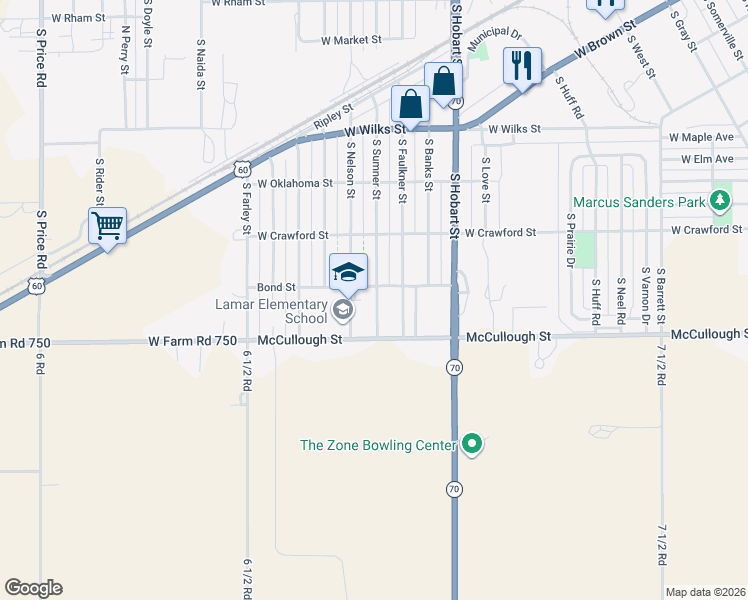 map of restaurants, bars, coffee shops, grocery stores, and more near 1226 South Sumner Street in Pampa