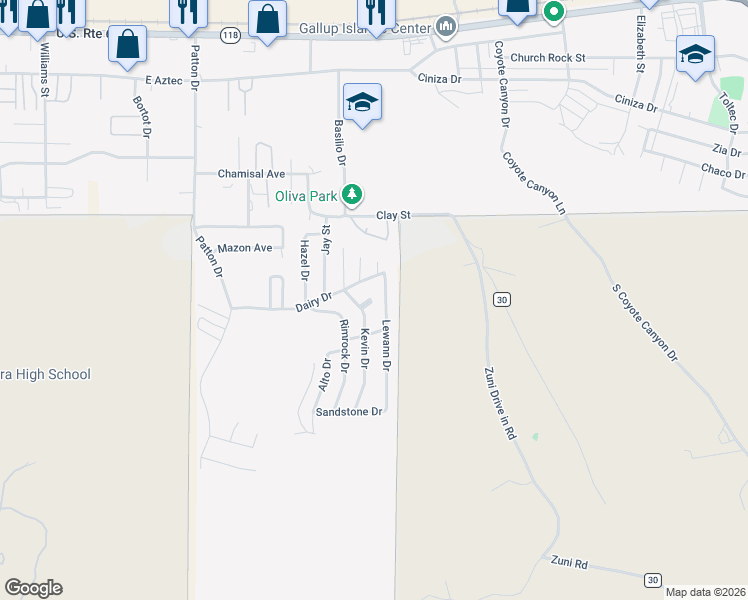 map of restaurants, bars, coffee shops, grocery stores, and more near 3006 Kevin Court in Gallup