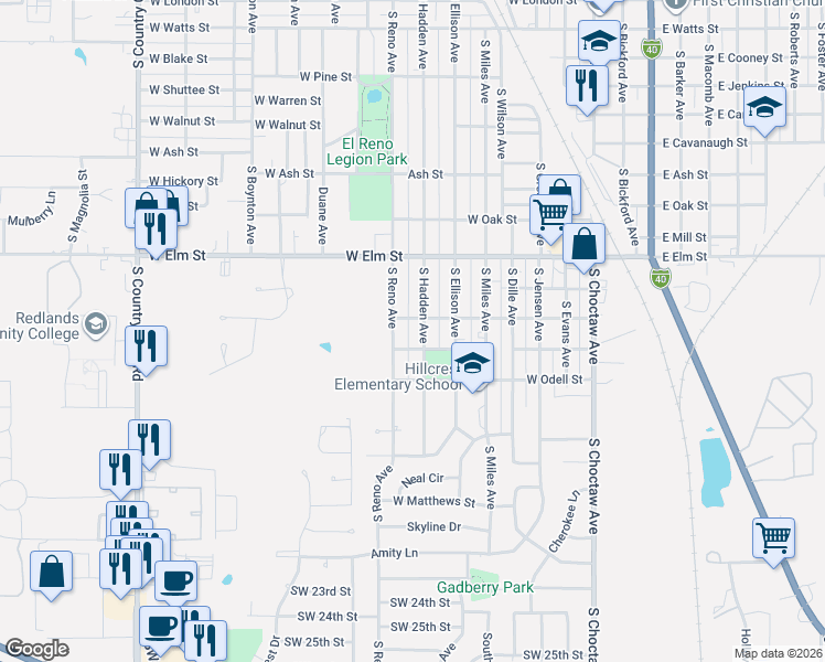 map of restaurants, bars, coffee shops, grocery stores, and more near 1108 South Hadden Avenue in El Reno