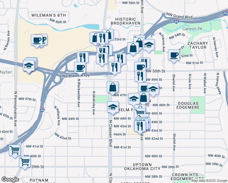 map of restaurants, bars, coffee shops, grocery stores, and more near 4801 North Classen Boulevard in Oklahoma City