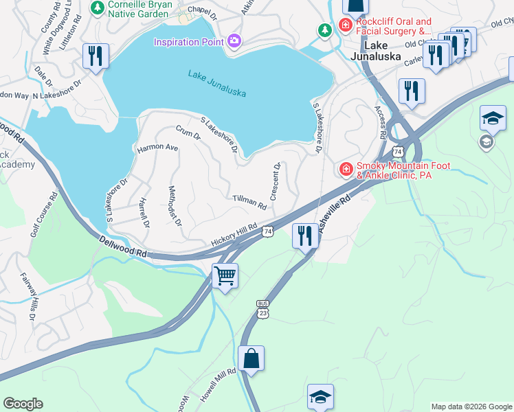 map of restaurants, bars, coffee shops, grocery stores, and more near 300 Crescent Drive in Lake Junaluska