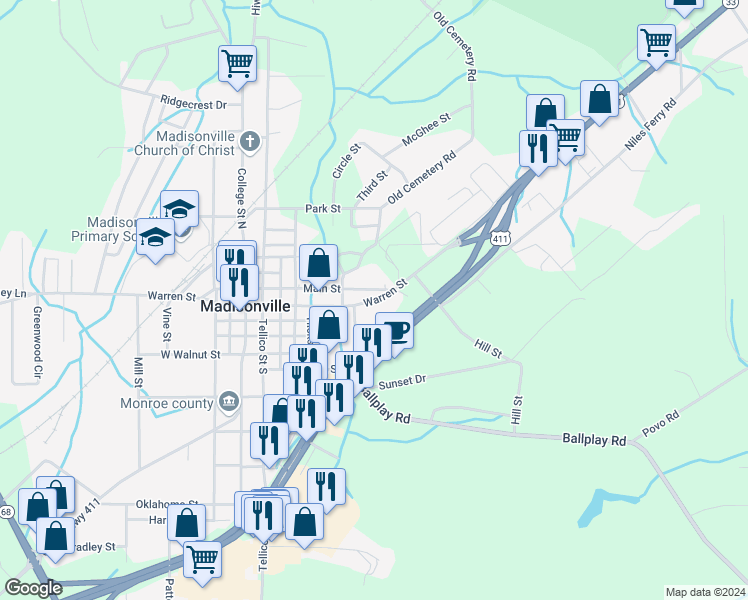 map of restaurants, bars, coffee shops, grocery stores, and more near in Madisonville